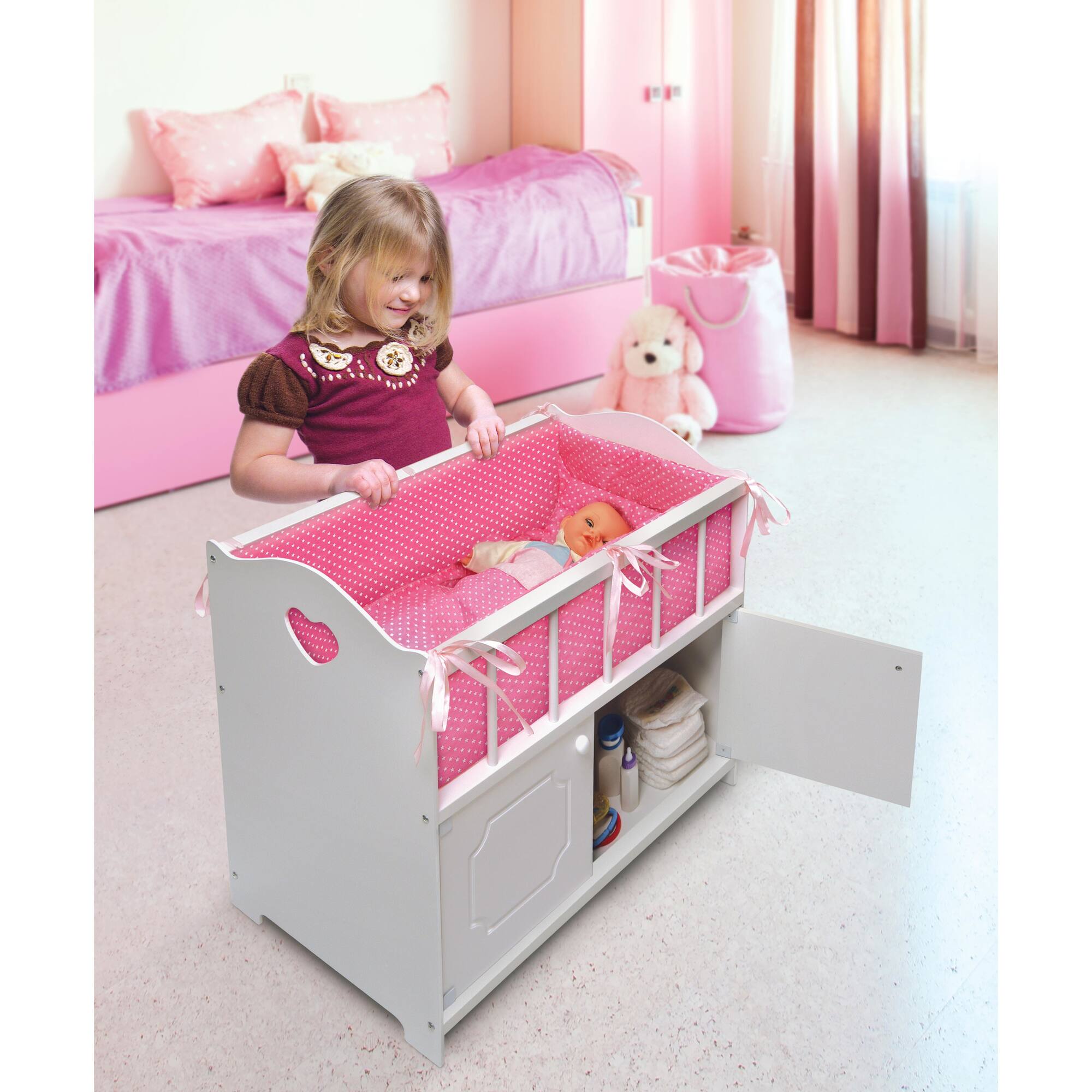 Badger Basket White Storage Doll Crib with Bedding
